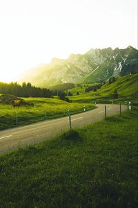 Preview wallpaper mountains, road, grass, sunlight, trees, landscape, switzerland