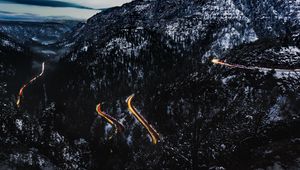 Preview wallpaper mountains, road, light, snowy, top