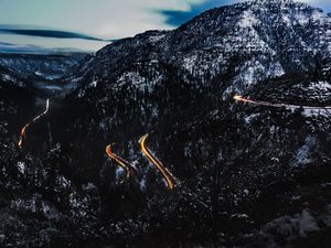 Preview wallpaper mountains, road, light, snowy, top