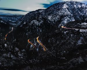 Preview wallpaper mountains, road, light, snowy, top