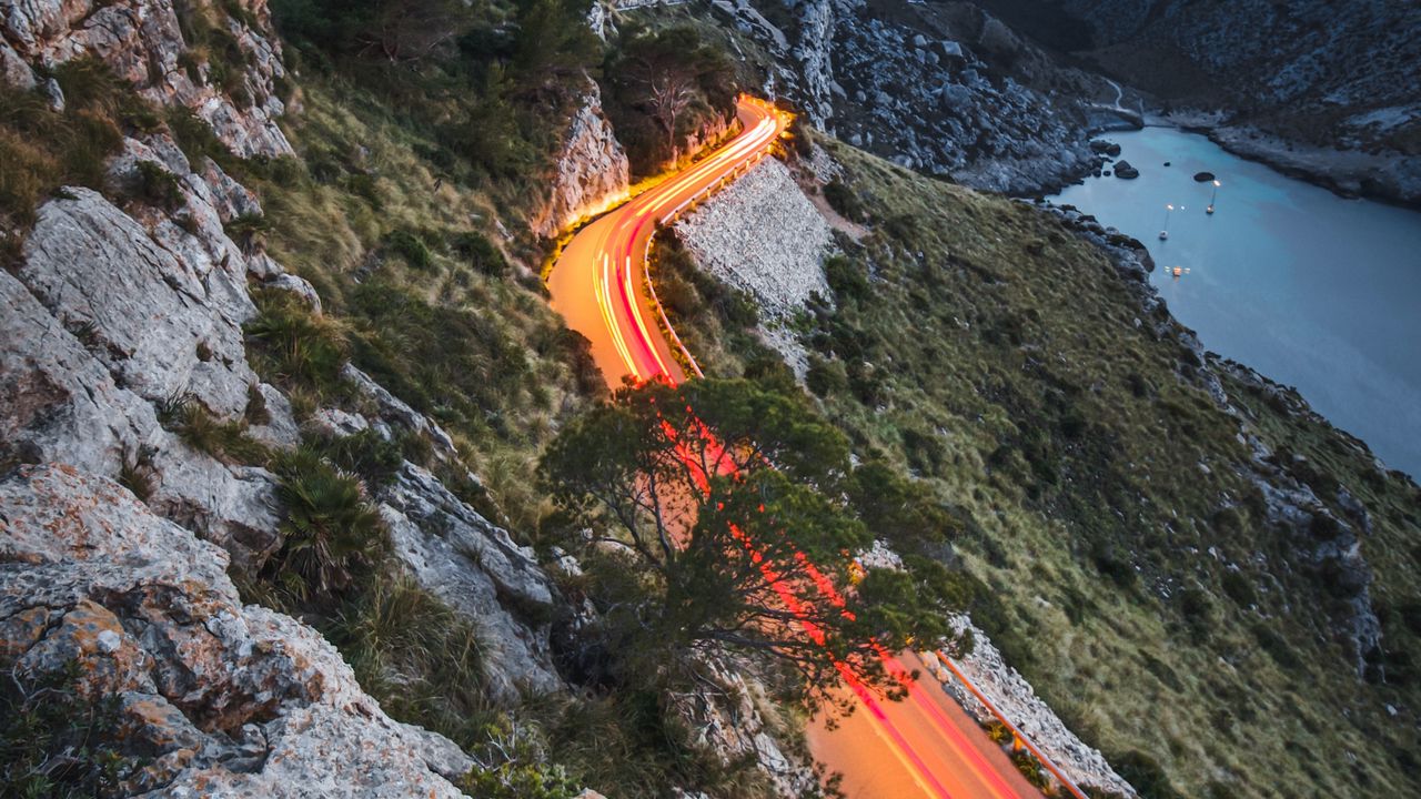 Wallpaper mountains, road, lights, movement, long exposure, landscape