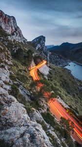 Preview wallpaper mountains, road, lights, movement, long exposure, landscape