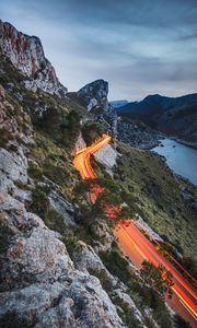 Preview wallpaper mountains, road, lights, movement, long exposure, landscape