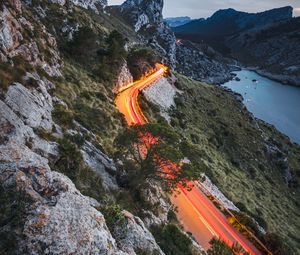 Preview wallpaper mountains, road, lights, movement, long exposure, landscape