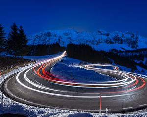 Preview wallpaper mountains, road, long exposure, switzerland