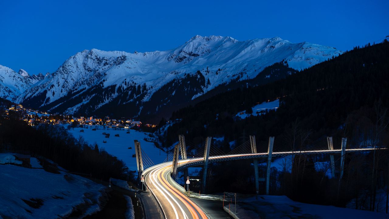 Wallpaper mountains, road, long exposure, night, snow