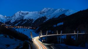 Preview wallpaper mountains, road, long exposure, night, snow