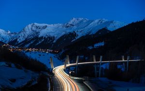 Preview wallpaper mountains, road, long exposure, night, snow