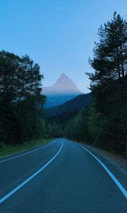Preview wallpaper mountains, road, marking, trees, branches