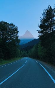 Preview wallpaper mountains, road, marking, trees, branches
