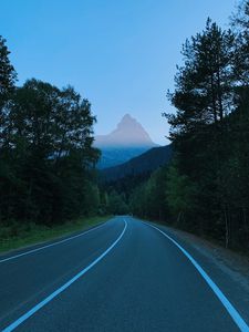 Preview wallpaper mountains, road, marking, trees, branches