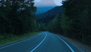 Preview wallpaper mountains, road, marking, trees, branches