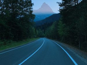 Preview wallpaper mountains, road, marking, trees, branches