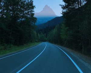 Preview wallpaper mountains, road, marking, trees, branches