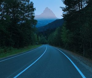 Preview wallpaper mountains, road, marking, trees, branches