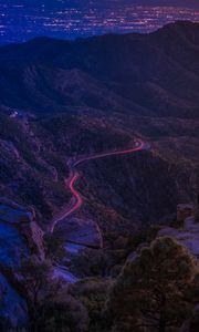 Preview wallpaper mountains, road, night, backlight, aerial view