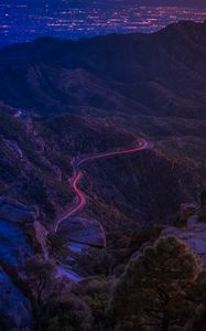 Preview wallpaper mountains, road, night, backlight, aerial view