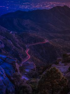 Preview wallpaper mountains, road, night, backlight, aerial view