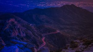 Preview wallpaper mountains, road, night, backlight, aerial view
