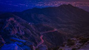 Preview wallpaper mountains, road, night, backlight, aerial view