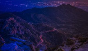 Preview wallpaper mountains, road, night, backlight, aerial view