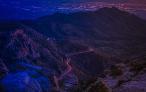 Preview wallpaper mountains, road, night, backlight, aerial view