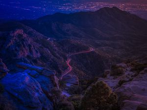Preview wallpaper mountains, road, night, backlight, aerial view