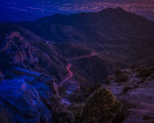 Preview wallpaper mountains, road, night, backlight, aerial view