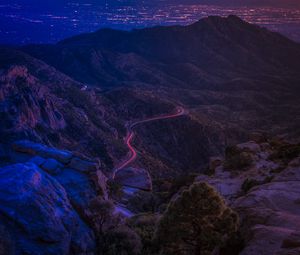 Preview wallpaper mountains, road, night, backlight, aerial view