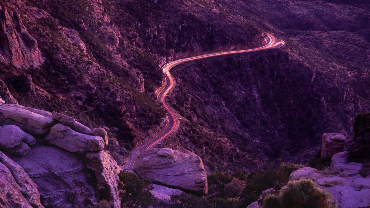 Wallpaper mountains, road, night, backlight, aerial view, sunset