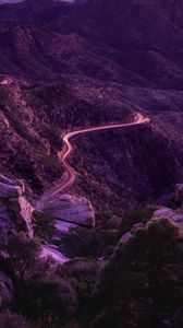 Preview wallpaper mountains, road, night, backlight, aerial view, sunset