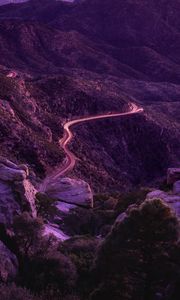 Preview wallpaper mountains, road, night, backlight, aerial view, sunset