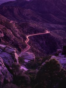 Preview wallpaper mountains, road, night, backlight, aerial view, sunset