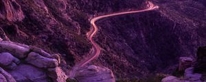 Preview wallpaper mountains, road, night, backlight, aerial view, sunset