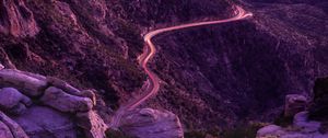 Preview wallpaper mountains, road, night, backlight, aerial view, sunset