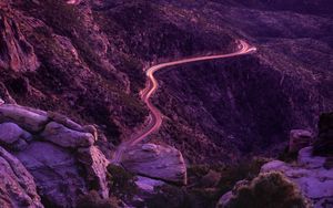 Preview wallpaper mountains, road, night, backlight, aerial view, sunset