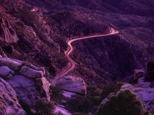 Preview wallpaper mountains, road, night, backlight, aerial view, sunset