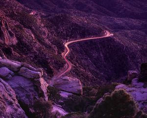 Preview wallpaper mountains, road, night, backlight, aerial view, sunset