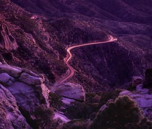 Preview wallpaper mountains, road, night, backlight, aerial view, sunset