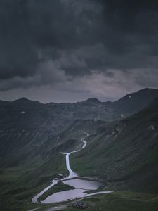 Preview wallpaper mountains, road, pond, houses, nature