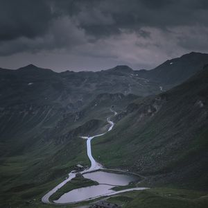 Preview wallpaper mountains, road, pond, houses, nature