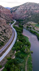 Preview wallpaper mountains, road, river, top view