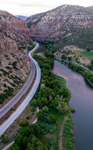 Preview wallpaper mountains, road, river, top view