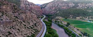 Preview wallpaper mountains, road, river, top view