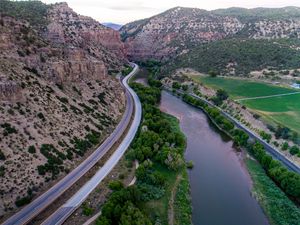 Preview wallpaper mountains, road, river, top view