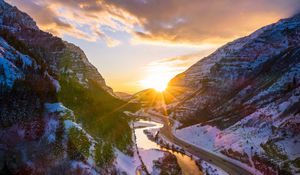 Preview wallpaper mountains, road, river, sun, landscape