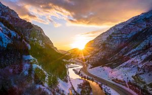 Preview wallpaper mountains, road, river, sun, landscape