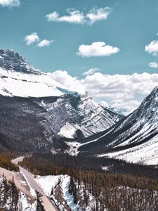 Preview wallpaper mountains, road, rocks, snow, trees
