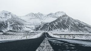 Preview wallpaper mountains, road, rocks, snow, snowy