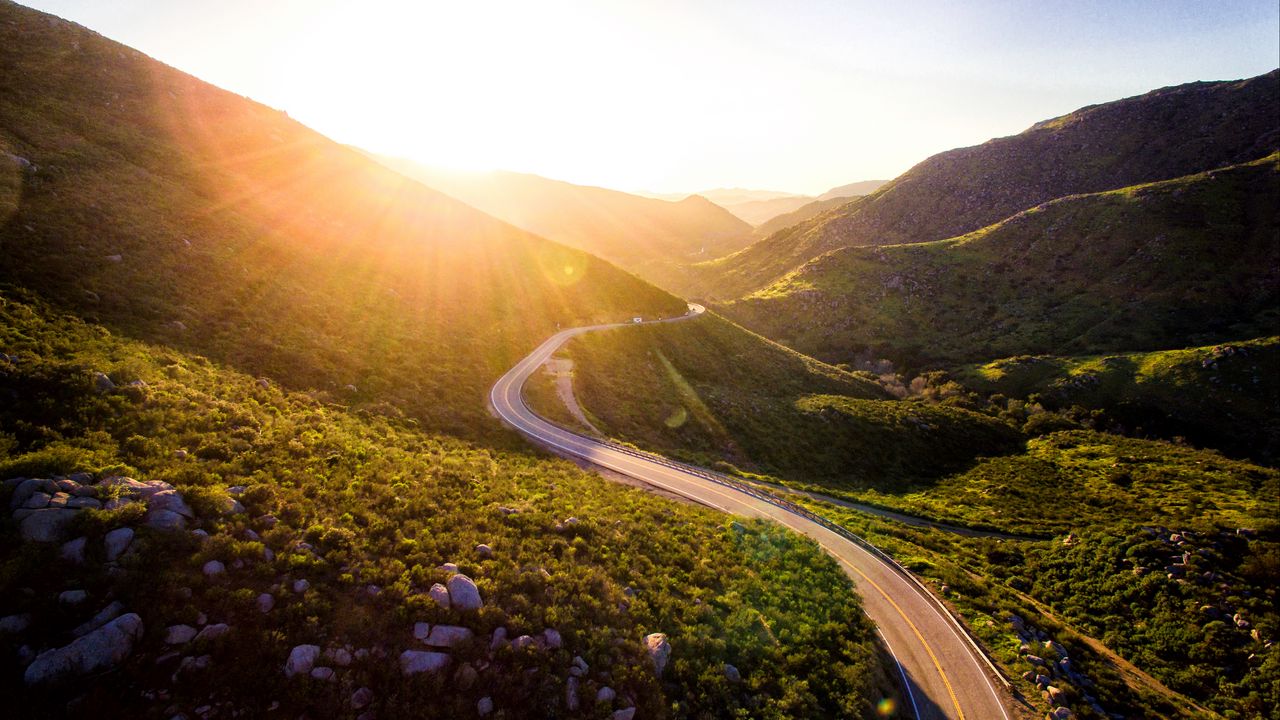 Wallpaper mountains, road, serpentine, sunset